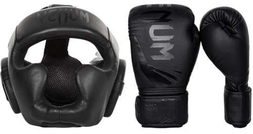 Venum Unisex Baş koruması Challenger 2.0 Kopfschutz, Schwarz/Matt, Einheitsgröße EU & Unisex Challenger 3.0 Boxhandschuhe, Black/Black, 14 Oz EU