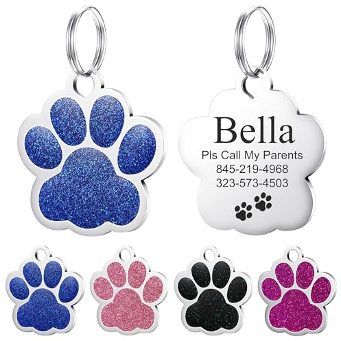 Hundemarke mit Gravur - YEHANTI Personalisierte Anhänger für kleine bis mittelgroße Hunde in Glitzernder Pfotenabdruck- Edelstahl Hundemarke Personalisiert mit Name, Telefonnummer und Adresse (Blau)