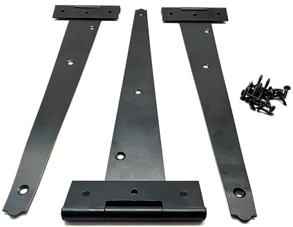 3PK Black Tee Hinges with Fixings. T-Hinges for Garden Gates, Sheds and Doors. Japanned Corrosion and Weather Resistant External Hinge Pack of 3 with Screws.