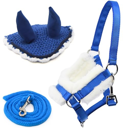 Hobby Horse - Set di accessori con cavezza peluche blu con longhina e cappuccio anti-insetti blu per attività di Hobby Horsing.