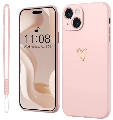 Mitetabo Hülle für iPhone 15 Handyhülle Gold Liebesher Silikon, iPhone 15 Case Mädchen Weich Slim Stoßfest Kratzfeste Süßes Gold Love Schutzhülle für iPhone 15 6.1 Rosa