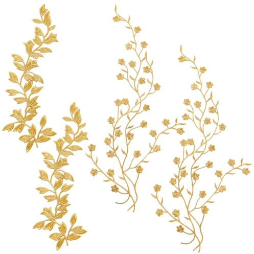 PH PandaHall 4 Stück Stickerei Aufnäher 2 Stile Blumen Und Blatt Patches Stickerei Applikation Dekorative Patches Bestickter Patch Zum Aufnähen Für Reparatur von Kleiderdekorationen, Golden