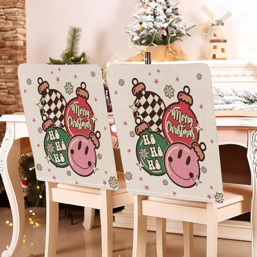 Hiseng Weihnachten Stuhlhussen Weiß Rosa Stuhlrückenbezug 2/4/6/8er Set, 58x49cm Schutzhülle Baumwoll-Leinen Weihnachten Dekoration für Esszimmerstühle, Party (Kugel,8er Set)