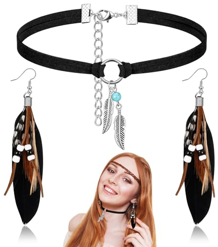 Jadive Set Pendientes de Plumas con Perlas Joyería India Gargantilla de Cuero Retro Bohemios Steampunk Mujer