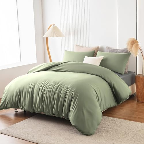 Soifox Parure de lit 180x200 Vert sauge - en microfibre Sans repassage et anti-froissage Housse de couette 180 x 200 Set avec 2 taies d'oreiller 80x80 cm Ensemble de literie avec fermeture éclair