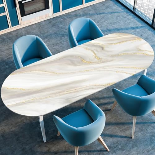 Odot Waschbare Elastische Runde Tischdecke Oval 3D Marmor Abwaschbar Spanntischdecke Oval Gartentischdecke Schwarz Weiß Outdoor Oval Tischdecke mit Gummizug (122x173cm,Weiß)