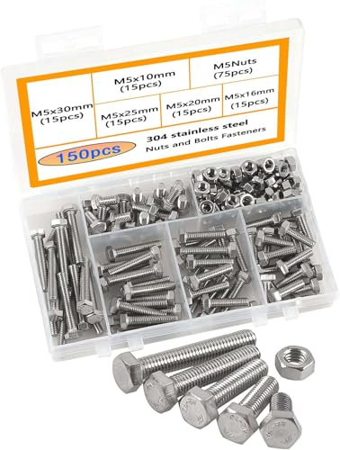 HVDHYY M5 Vis et Écrous 304 Vis Inox Visserie Tête Hexagonale Assortiment Boulon Ecrou Vis et Écrous Assortiment Kit 150pcs