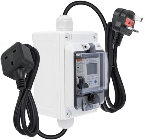 Mobile Digital Electricity Meter, 230V Power Consumption Meter with RCBO/Reset, IP67 Waterproof Mobile Portable Power Consumption Meter with Rubber Cable for Boat/Motorhomes Electric/Vehicles