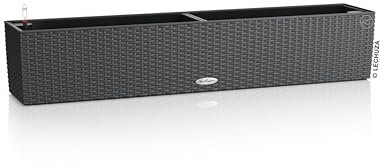 LECHUZA-Pflanzgefäß BALCONERA Cottage 100 Granit, Balkonkasten mit Bewässerungssystem, Wasserstandsanzeiger und Pflanzeinsatz, Flechtoptik, 99 x 19 x 19 cm, 15911