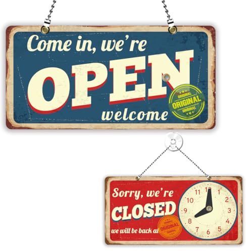 PLIGREAT Open Closed Schild für Shop Vintage Stamp Style We Are Open Schilder Doppelseitige Geschäftszeiten Holzschild Plakette für Einzelhandelsgeschäft Bar Bäckerei Schaufenster | Acrylschild zur Wandmontage, für Geschäft, Büro, Eingangsbereich, inklusive Haken und Kette zum einfachen Aufhängen