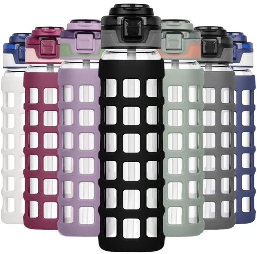 Ferexer Vattenflaska i glas 1 liter/660 ml med handtag sugrör flip-lock, läckagesäker, BPA-fri vattenflaska, hållbart borosilikatglas, med silikonhylsa sportglas dricksflaska svart