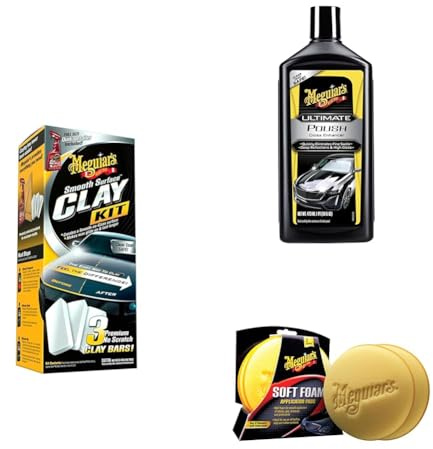 Meguiar's G191700EU Smooth Surface Clay Kit zur Entfernung von Verunreinigungen wie Baumharz, Teer und Lacknebel – Inklusive Ultimate Car Polish Pre-Waxing Glaze & weiche Schaumstoff-Auftragspads