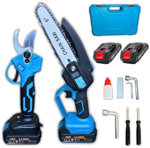 Kit Potatura a Batteria 48V – Forbici Elettriche Taglio 25mm + Mini Motosega 6 Senza Fili – Cesoie Potatura Alberi Rami Spessi, 2 Batterie, Valigetta, Attrezzi Giardino Orto Ulivo Fai da Te