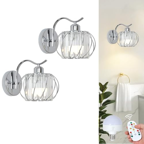 Stepeak Rechargeable Wall Lights Set of 2, Battery Operated Wall Lights with USB Bulb & Remote, Wireless Rechargeable Wall Light with Glass Shade, Chrome Battery Operated Wall Sconces for Living Room