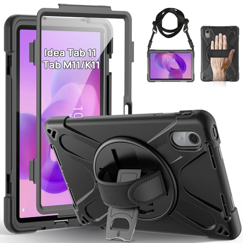 Gerutek Cover per Lenovo Idea Tab 11 Pollici/Tab M11/ Tab K11 Gen 2, Nero | Lenovo Moto Pad 2026 Custodia Antiurto con Pellicola Protettiva, Supporto Girevole a 360°,Cinghia per Mano/Spalla, Portapenne