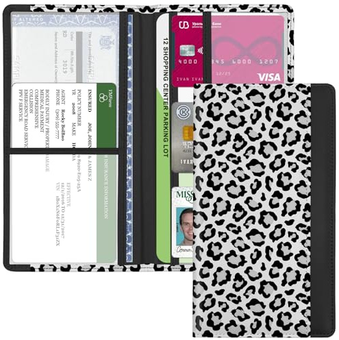 Kakurookie Car Registration and Insurance Holder, with Magnetic Closure for License, Cards and Documents, All Vehicle Needs and Car Accessories (Leopard-White)