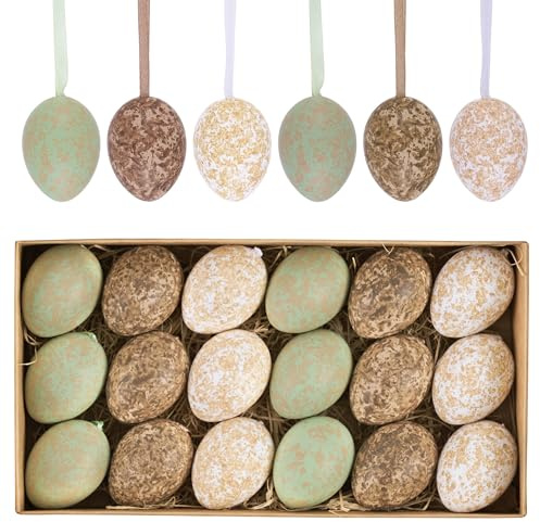 Valery Madelyn 18er Ostereier zum Aufhängen für Osterdeko,4cm Nature künstliche mini Ostereier für Ostern Deko,Grün Beige Ornament für Osterkörbchen Frühlingsdeko,Ostern Geschenke