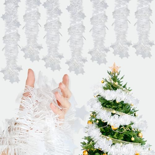 8 Stück x 2M Lametta Girlande Weihnachten, 16M Glänzend Weihnachtsgirlande, Christbaumschmuck Girlande mit Sternen, Weihnachtsgirlande, Weihnachtsdeko für Baum, Kamin, Treppe & Fenster (Weiß)