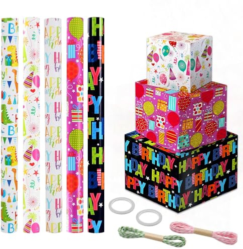 Druuzyl Geschenkpapier 5 Rollen Geschenkpapier Geburtstag Kinder 43cmx300cm Geschenk Verpackungspapier Rolle Karikatur Verpackungspapier für Geburtstage Hochzeiten Babypartys Partys und Geschenke