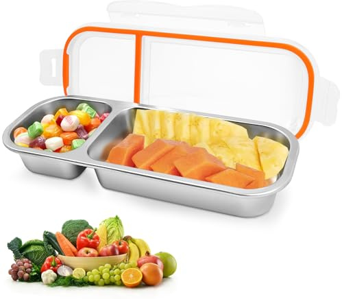 FORYNXHWIN Caja de aperitivos con 3 compartimentos, plato de aperitivos de acero inoxidable, fiambrera para niños, fiambrera para niños, recipiente para aperitivos con tapa, fiambrera dividida para