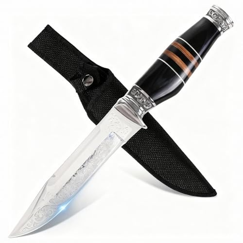 GER-SABER Outdoor Messer 29 cm – Clip-Point-Klinge mit kalifornischem Schwung und durchgehender Gravur, Verzierter Handschutz und Abschluss, Mehrschichtiger Griff, Eleganter Naturbegleiter