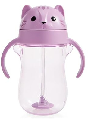Munchkin Tasse d’apprentissage Any Angle avec paille lestée anti-fuite | Gobelet de transition pour bébés et tout-petits | Technologie Click Lock | Diversification menée par bébé (DME)| 296 ml | Chat
