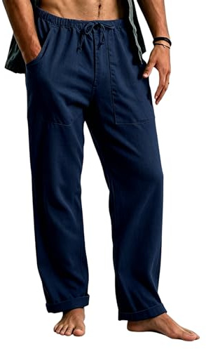 Cegerne Pantalon en Lin Homme Long Léger, Pantalon d'Été Décontracté avec Taille Élastique et Cordon, pour Plage Vacances Médiéval Vintage Usage Quotidien