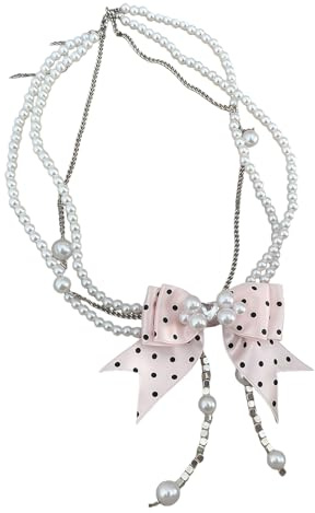 Wiffe Collier de perles à pois et nœud papillon, accessoires de chaîne de clavicule tendance pour filles, collier de danse folklorique rose à pois