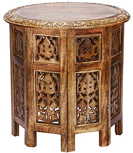 Tavolino Marocchino in Legno Ashkar 45cm Rotondo - Tavolino Tondo Orientale con Struttura Pieghevole - Piano Pieghevole,Orientale in Marrone.