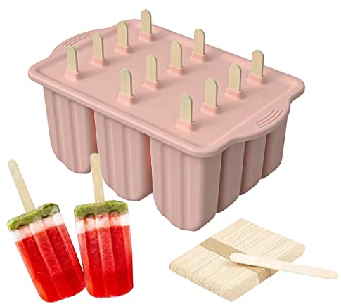 Molde para Helados y Polos, Silicona Alimentaria, 12 Rejillas con Tapa, con 50 Palitos de Madera (Rosa)