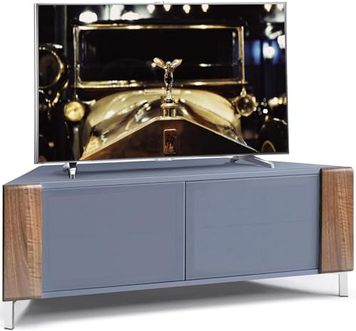 MDA Designs CORVUS Corner-Friendly Grey BeamThru Glass Doors with Walnut Profiles Contemporary Cabinet for Flat Screen TVs up to 50