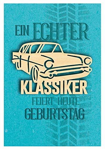 KE AV Exklusive Männer Geburtstagskarte mit Auto-Motiv, Holzdetail und Innendruck, DIN B6 Format inkl. Umschlag - Motiv: Auto