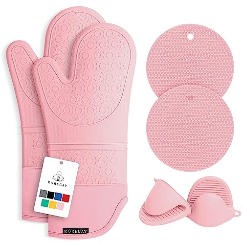 Rorecay Ofenhandschuhe & Topflappen Set - Extra Lange Küchenhandschuhe aus Silikon mit Mini-Schnapphandschuhen und Topflappen für die Küche zum Backen, Kochen oder Grillen 6er-Pack, Rosa