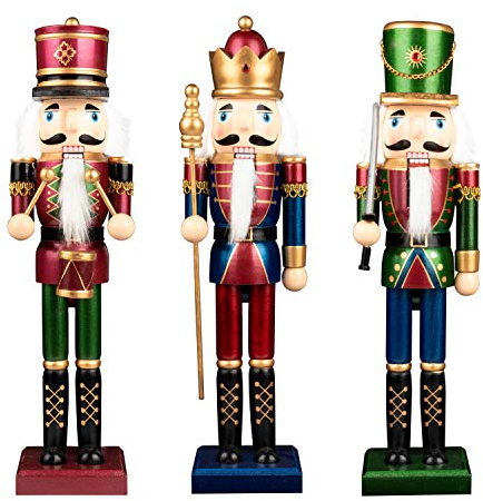 KI Store Christmas Nutcrackers 38cm Set of 3 Wooden Nutcracker King Soldier Drummer Figurine Display Set for Christmas Decorations