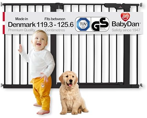 BabyDan Premier, Extra breit Ohne bohren Treppenschutzgitter, 119,3-125,6 cm, Babygitter/Sicherheitsgitter, Metall, Schwarz, Hergestellt in Dänemark - (Haustiergitter/Hundegitter)