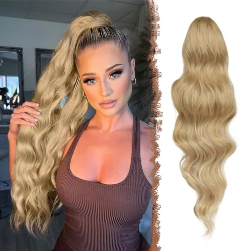 FESHFEN Pferdeschwanz Haarteil Haarverlängerung mit Kordelzug Pferdeschwanz Verlängerung Synthetik Gemischtes Blond Wellig Locken Haarteil Ponytail Extension für Frauen 60cm
