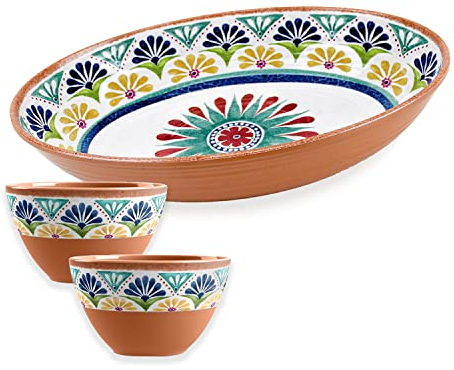 Purely Home Rio Medallion Melamine/Plastic Outdoor/BBQ/Picnic - Oval Bowl & 2 x Dipping Bowls Set