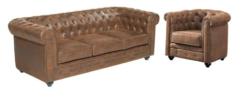 Vente-unique - Set divano e poltrona 4 posti Chesterfield - microfibra - marrone