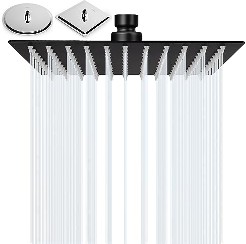 BalladHome Soffione Doccia 10 Pollici Soffione Doccia Anticalcare Soffione Quadrata Doccia a Pioggia in Acciaio Inox 304 Alta Pressione Docce Fisse Facile da Pulire e Installare (25cm, Nero)-F