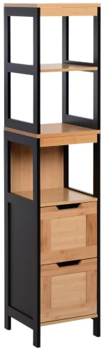 kleankin Colonna Bagno 2 Cassetti Mobile Bagno 30x30x142.5 cm Colore Legno | 3 Vani Aperti, Legno MDF e Bambù