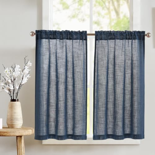 TOPICK Tendine, tende da bistro in lino, lino, semi-trasparenti, filtraggio della luce, per soggiorno o cucina, stile country, piccole finestre, set di 2, 65 x 90 cm, blu indigo