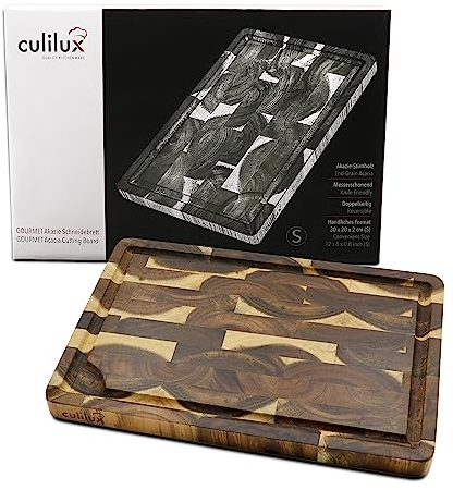 CULILUX® Gourmet Schneidebrett S Stirnholz Akazie 2-seitig 30 x 20 x 2 cm mit Saftrille antiseptisches Stirnholz Holzbrett als Schneidbrett und zum Servieren