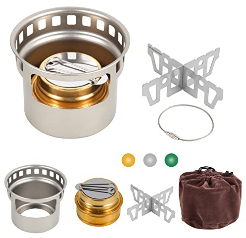HUANSHA 2 In 1 Mini Alcohol Stove For Camping, Portable Alcohol Burner With Stainless Steel Cross Stand, Storage Bag, Lightweight Tiny Brass Stove For Backpacking Emergency Outdoor Coffee