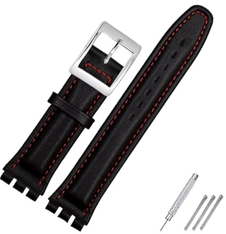 SHENGANG Bracelet en cuir véritable for swatch Bracelet Bande de montre simple 17mm 19mm Dragonne rouge Bracelets Femmes homme montre ceinture accessoires (Color : Black red silver, Size : 19mm)