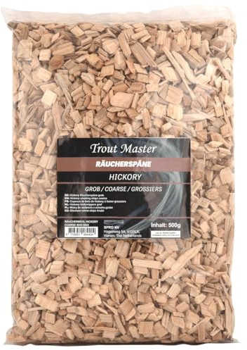 Trout Master Farina per affumicatura Hickory grossolana – 500 g trucioli per affumicare pesci, farina per affumicare, trucioli