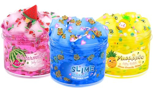 Slime Kit – 3-pack transparent gelkub slime med blå charm, vattenmelon och ananas, söta och estetiska stressleksaker för flickor och pojkar, roliga födelsedagspresentidéer