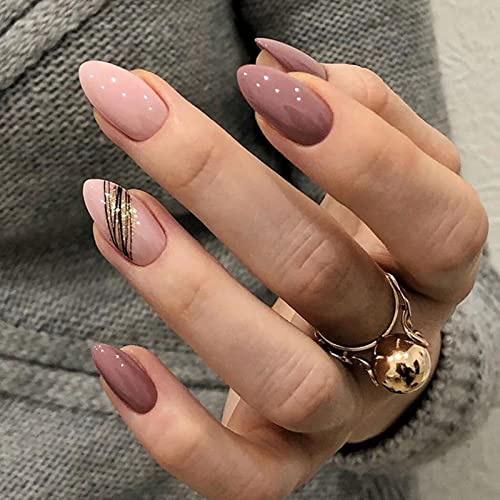 AKOFIC 24 Stück Press on Nails Kurz, French Oval Acryl Künstliche Nägel, Nägel Zum Aufkleben mit Jelly Nagelkleber, Mandel Fake Nails für Frauen Mädchen (Rein Glänzend)
