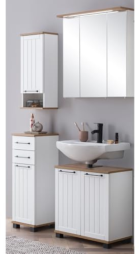 Lomadox Badmöbel Set mit LED-Beleuchtung im Landhaus-Stil, 4-teilig, weiß matt mit Eiche Nb. | 1 Hängeschrank, 1 Badkommode, 1 Spiegelschrank, 1 Waschbeckenunterschrank