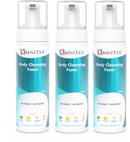 3x 200ml Omnitex Rinse Free Body Cleansing Foam, With Herbal Oils & Vitamins | No Water - No Rinse Body Wash | Clean, Nourish & Protect, No Parabens, Latex Free, Alcohol Free, Dermatologically Tested