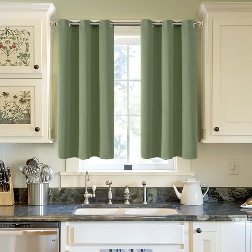 YoungsTex Cortinas Opacas de Color Verde Oliva de 101 cm de Largo para Ventana de Cocina, cafetería, Cortinas Cortas con Aislamiento térmico y Ojales, oscurecimiento de habitación, para Dormitorio